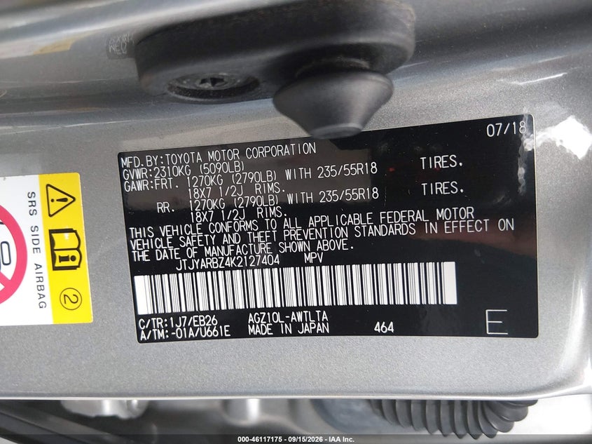 LEXUS NX 300 2019 VIN JTJYARBZ4K2127404