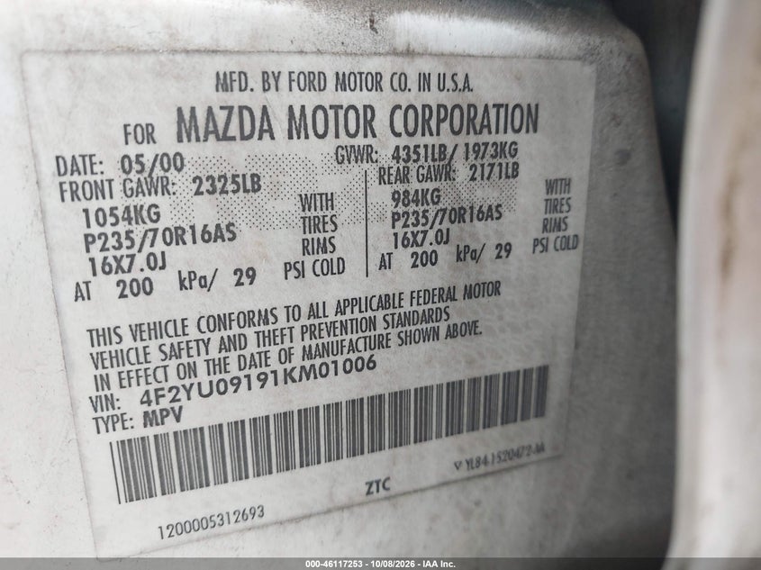 MAZDA TRIBUTE 2001 VIN 4F2YU09191KM01006