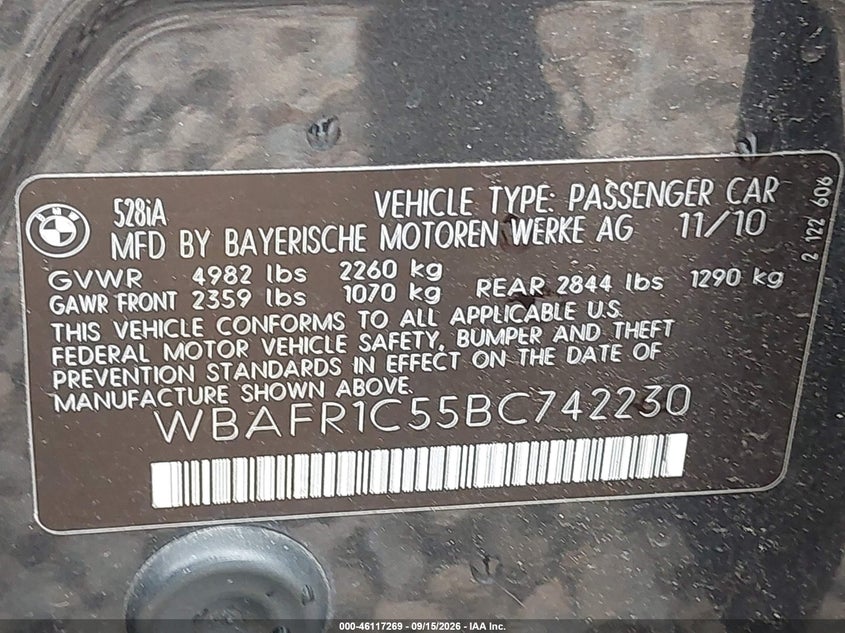 BMW 528I 2011 VIN WBAFR1C55BC742230