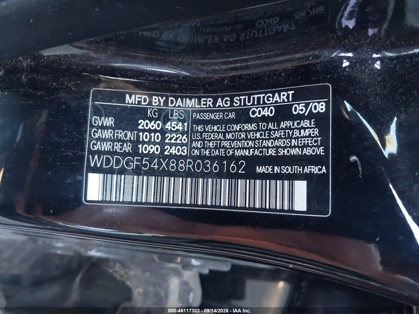 MERCEDES-BENZ C 300 2008 VIN WDDGF54X88R036162