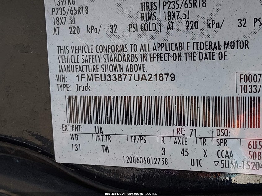 FORD EXPLORER SPORT TRAC 2007 VIN 1FMEU33877UA21679
