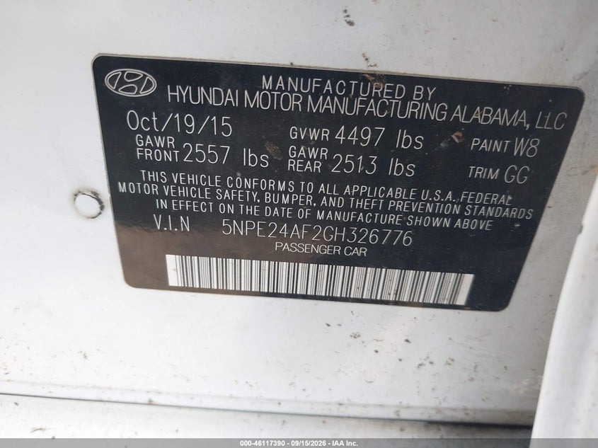 HYUNDAI SONATA 2016 VIN 5NPE24AF2GH326776