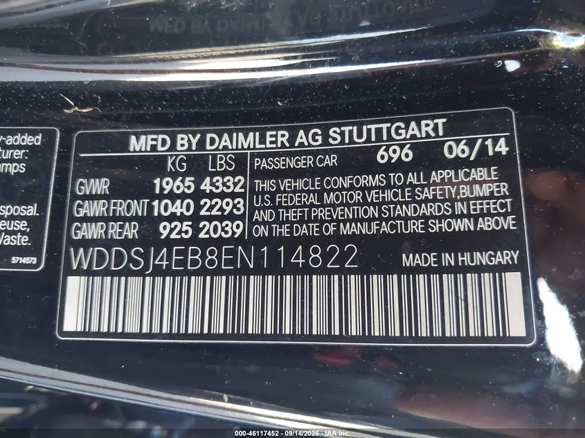 MERCEDES-BENZ CLA 250 2014 VIN WDDSJ4EB8EN114822