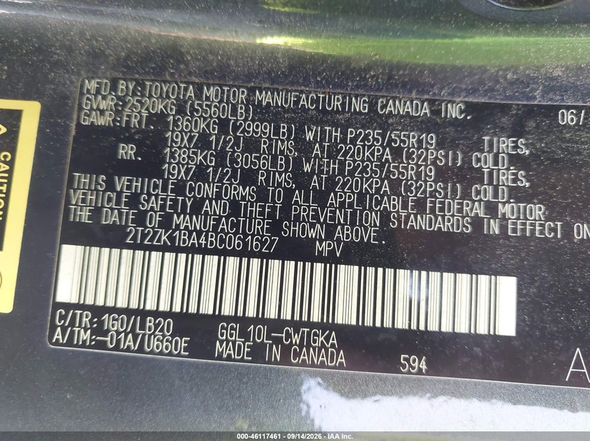 LEXUS RX 350 2011 VIN 2T2ZK1BA4BC061627