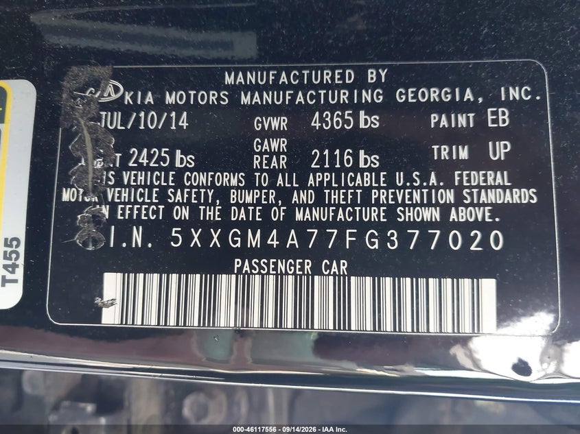 KIA OPTIMA 2015 VIN 5XXGM4A77FG377020