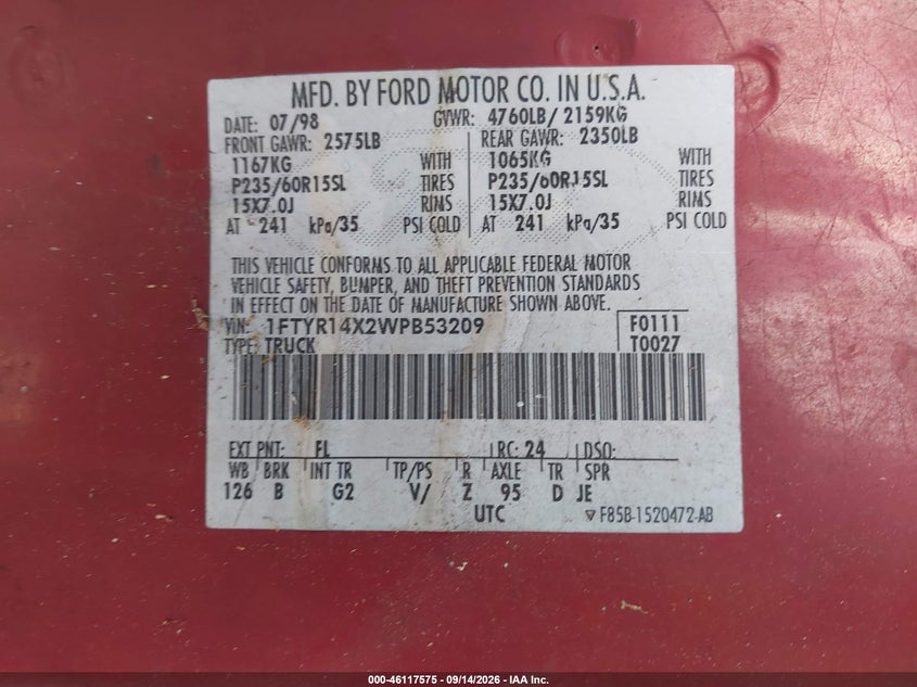 FORD RANGER 1998 VIN 1FTYR14X2WPB53209