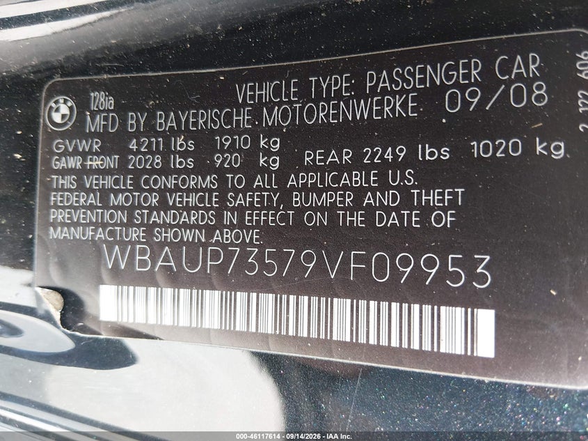 BMW 128I 2009 VIN WBAUP73579VF09953