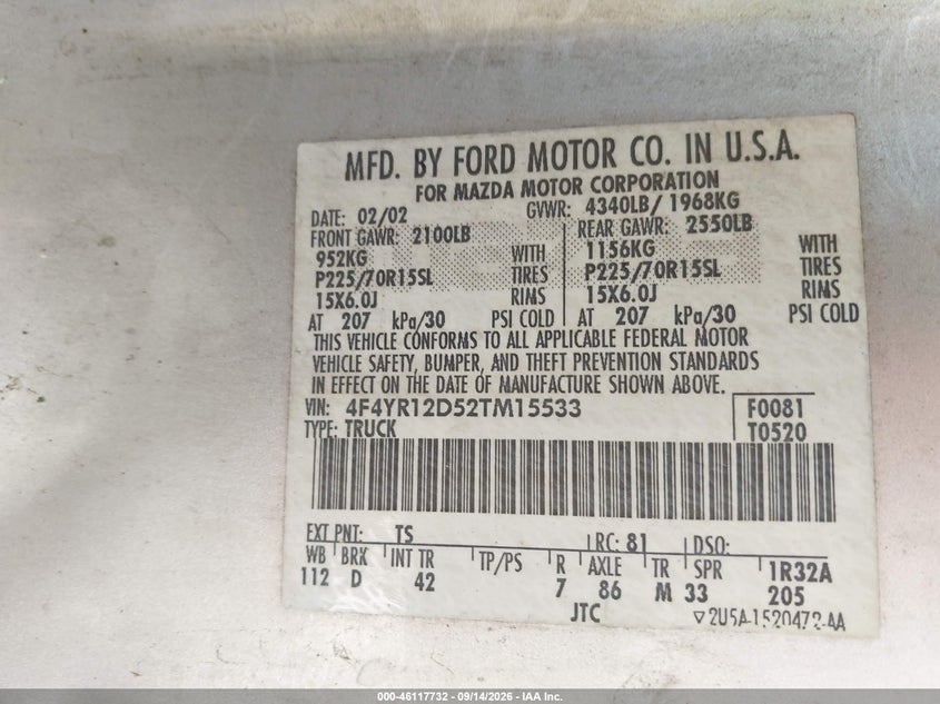 MAZDA B2300 2002 VIN 4F4YR12D52TM15533
