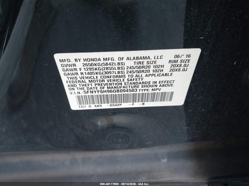 HONDA PILOT 2016 VIN 5FNYF6H96GB094503