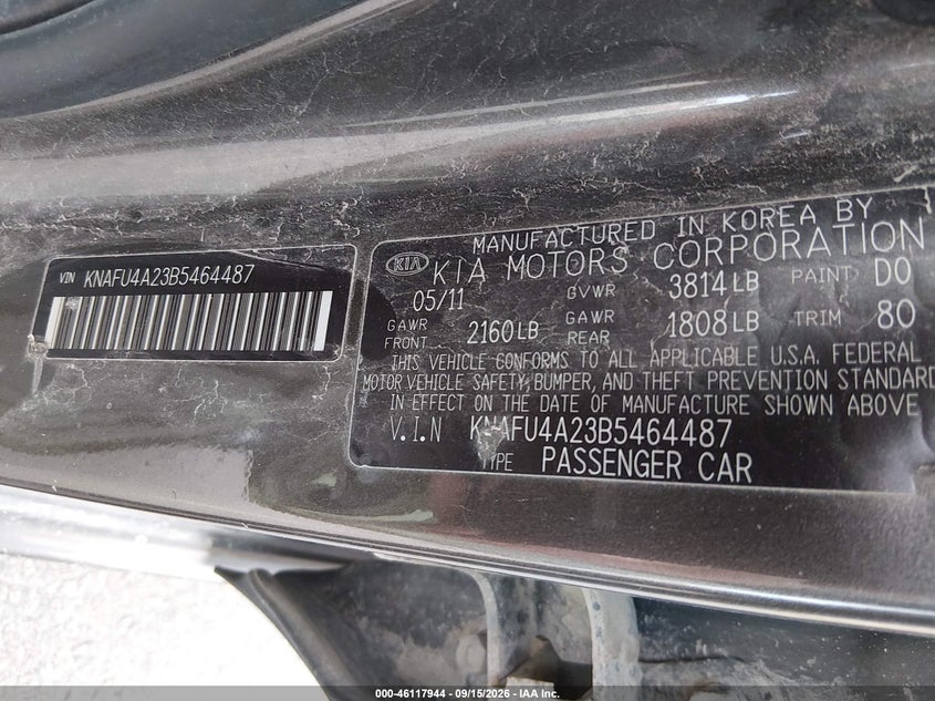 KIA FORTE 2011 VIN KNAFU4A23B5464487