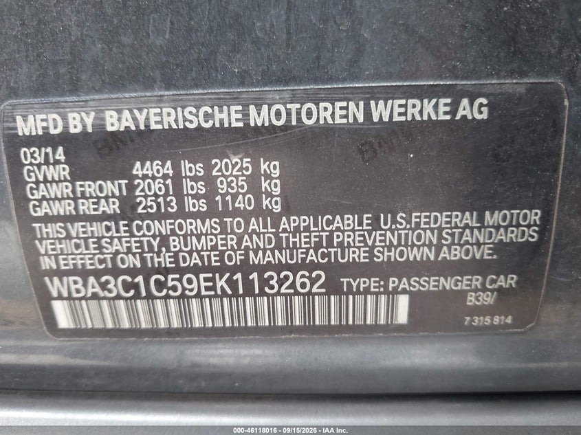 BMW 328I 2014 VIN WBA3C1C59EK113262