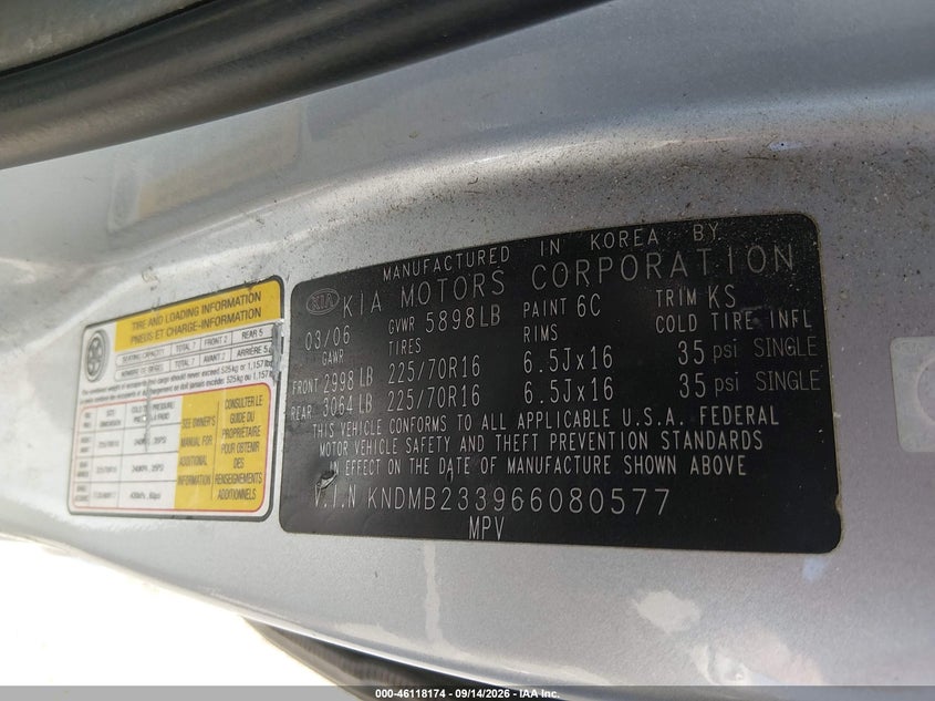 KIA SEDONA 2006 VIN KNDMB233966080577