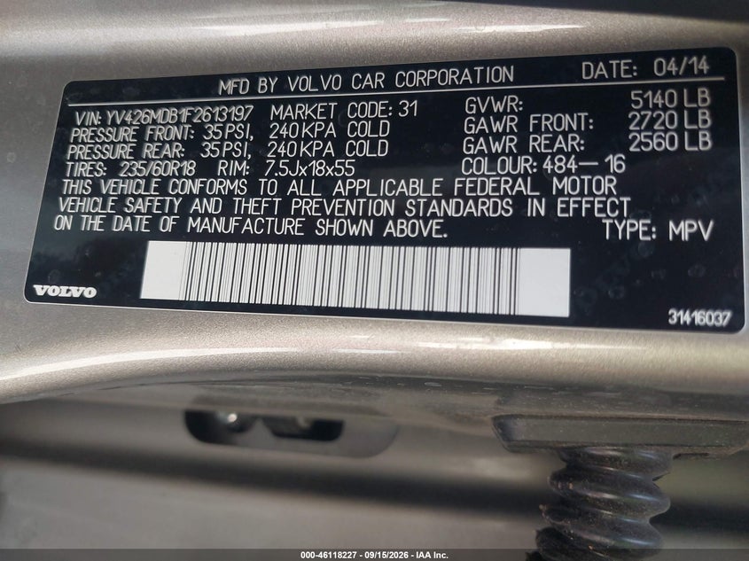 VOLVO XC60 2015 VIN YV426MDB1F2613197