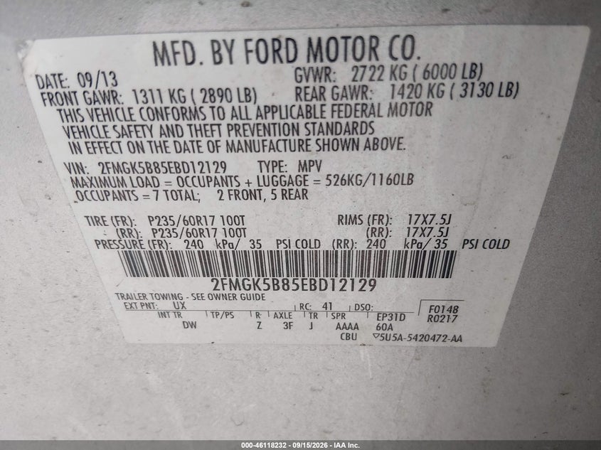 FORD FLEX 2014 VIN 2FMGK5B85EBD12129