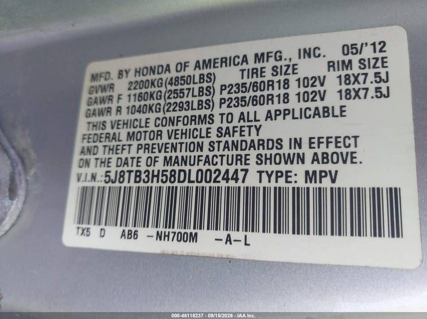 ACURA RDX 2013 VIN 5J8TB3H58DL002447