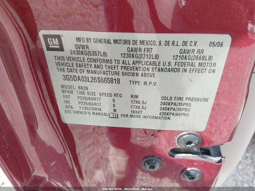 BUICK RENDEZVOUS 2006 VIN 3G5DA03L26S665818