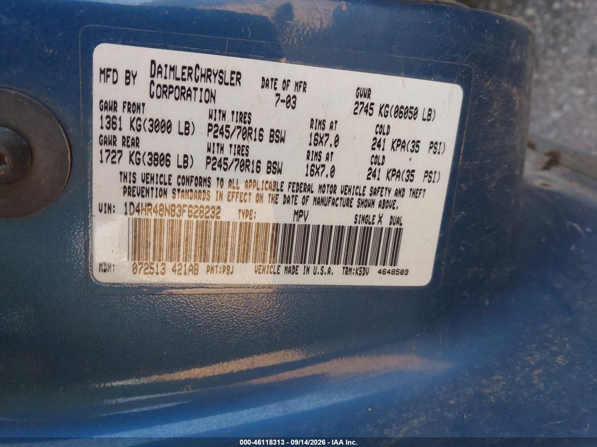 DODGE DURANGO 2003 VIN 1D4HR48N83F628232