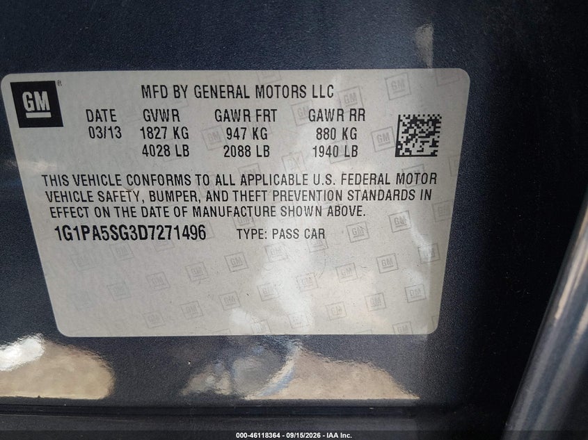 CHEVROLET CRUZE 2013 VIN 1G1PA5SG3D7271496