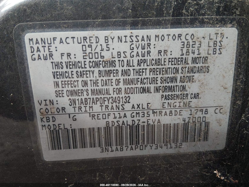 NISSAN SENTRA 2015 VIN 3N1AB7AP0FY349132