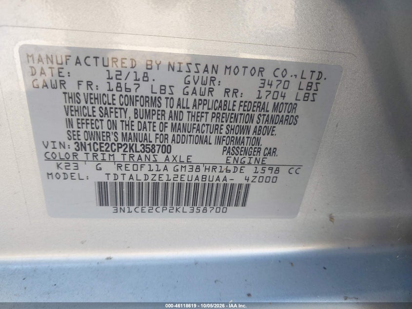 NISSAN VERSA NOTE 2019 VIN 3N1CE2CP2KL358700