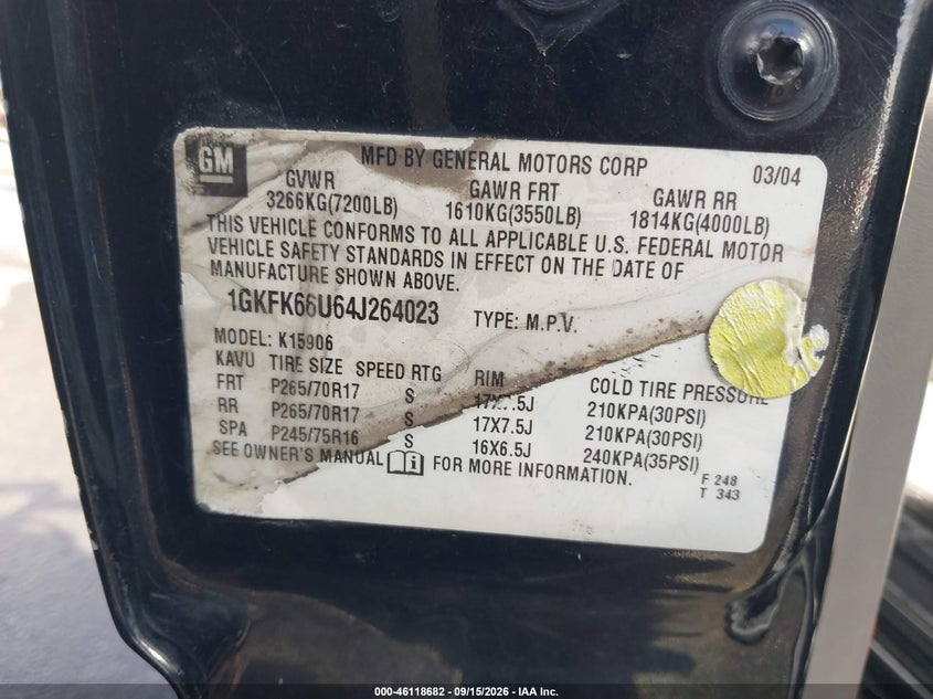 GMC YUKON XL 1500 2004 VIN 1GKFK66U64J264023