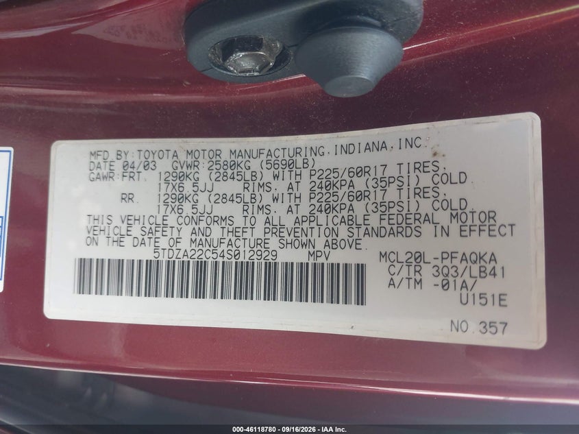 TOYOTA SIENNA 2004 VIN 5TDZA22C54S012929