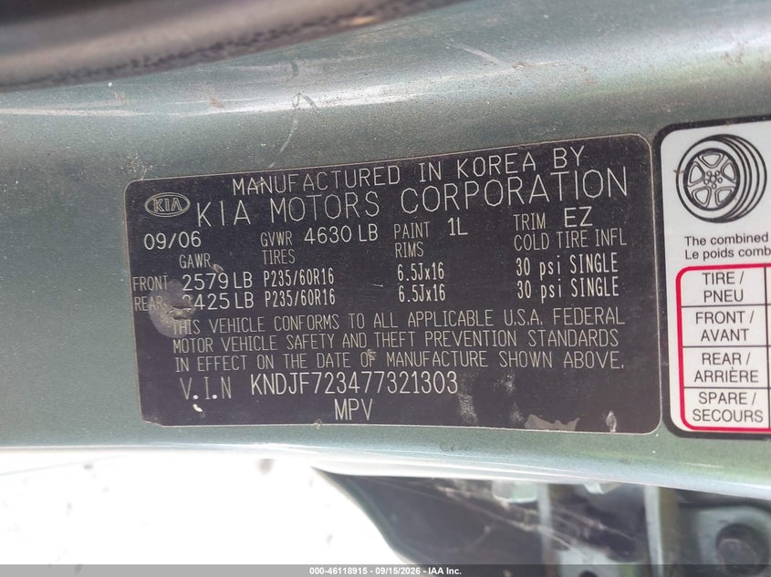 KIA SPORTAGE 2007 VIN KNDJF723477321303