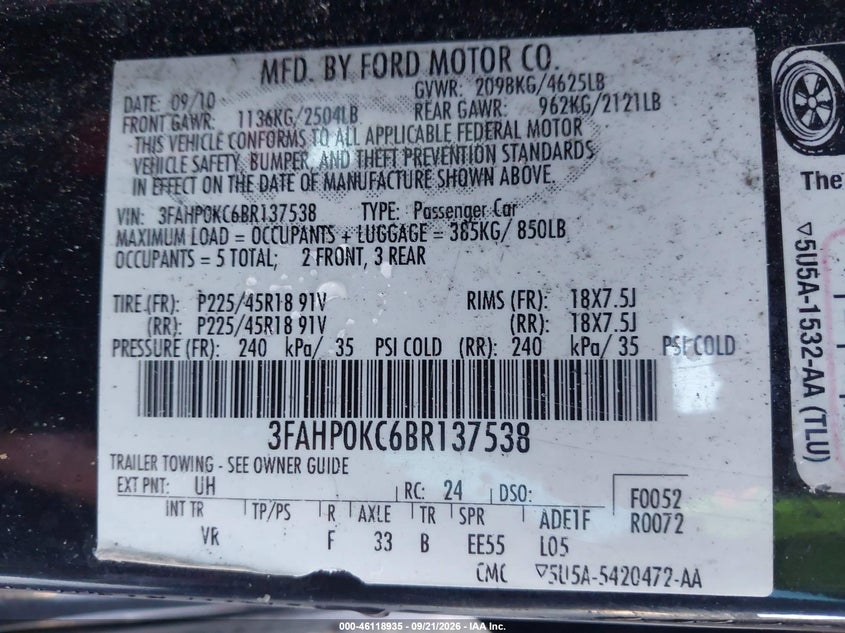 FORD FUSION 2011 VIN 3FAHP0KC6BR137538
