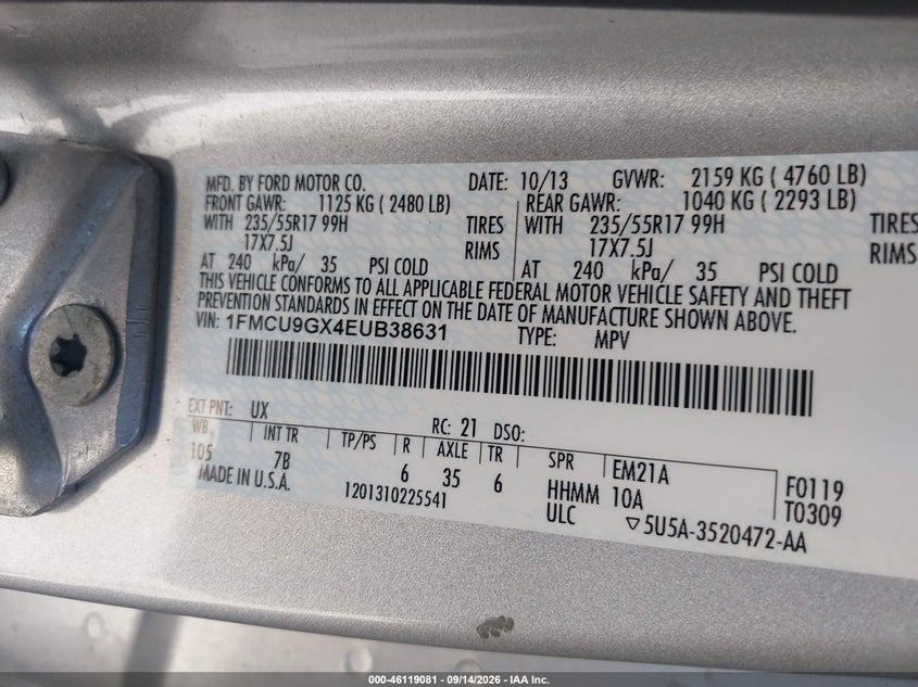 FORD ESCAPE 2014 VIN 1FMCU9GX4EUB38631