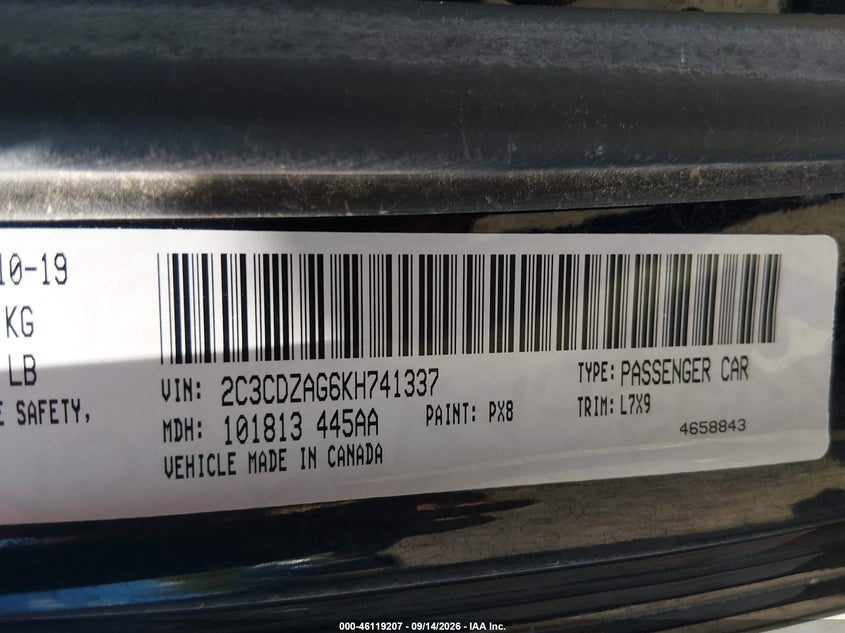 DODGE CHALLENGER 2019 VIN 2C3CDZAG6KH741337