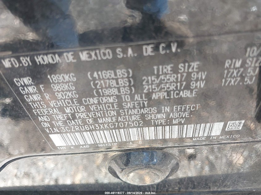 HONDA HR-V 2019 VIN 3CZRU6H3XKG707502