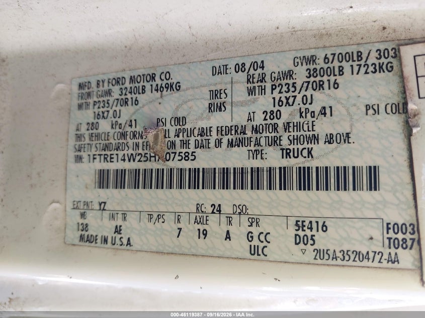 FORD E-150 2005 VIN 1FTRE14W25HA07585