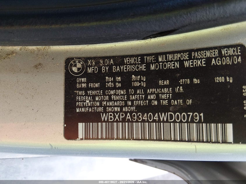 BMW X3 2004 VIN WBXPA93404WD00791