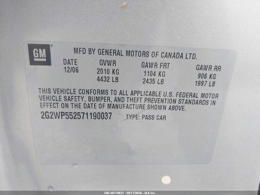 PONTIAC GRAND PRIX 2007 VIN 2G2WP552571190037