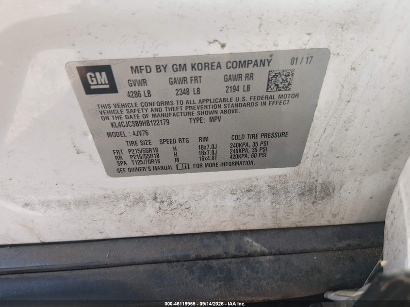BUICK ENCORE 2017 VIN KL4CJCSB9HB122179