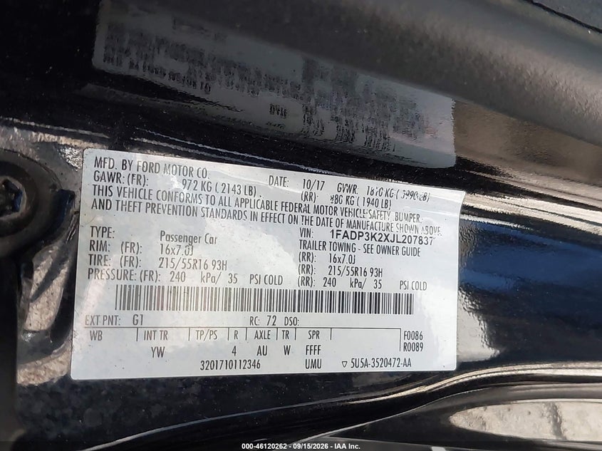 FORD FOCUS 2018 VIN 1FADP3K2XJL207837
