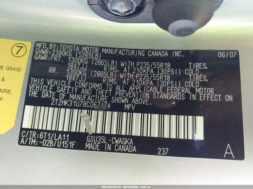 LEXUS RX 350 2008 VIN 2T2HK31U78C067174