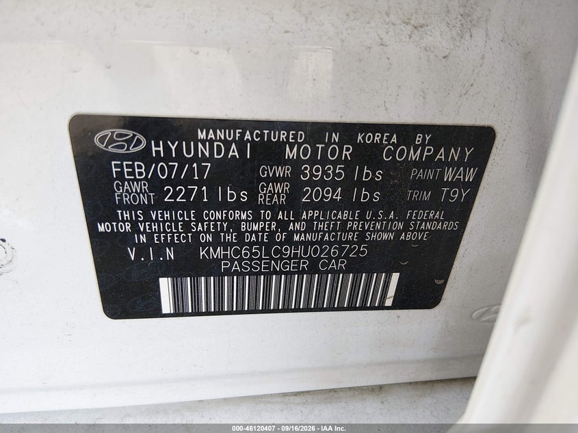 HYUNDAI IONIQ HYBRID 2017 VIN KMHC65LC9HU026725