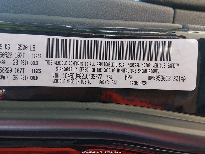 DODGE DURANGO 2018 VIN 1C4RDJAG2JC439777