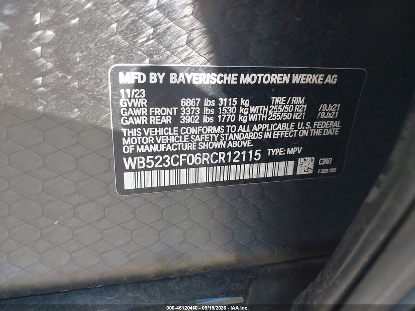 BMW IX 2024 VIN WB523CF06RCR12115