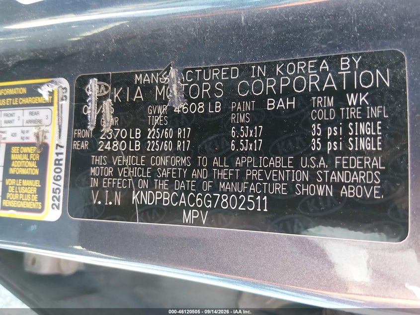 KIA SPORTAGE 2016 VIN KNDPBCAC6G7802511