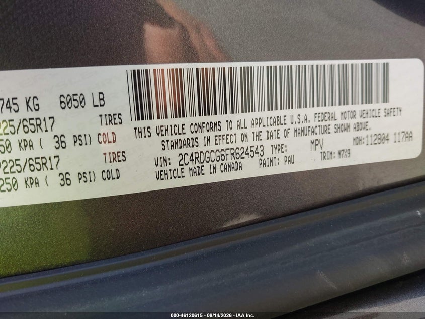 DODGE GRAND CARAVAN 2015 VIN 2C4RDGCG6FR624543