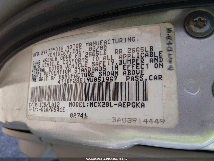 TOYOTA AVALON 2000 VIN 4T1BF28B1YU051967