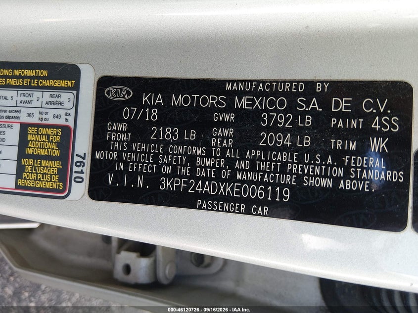 KIA FORTE 2019 VIN 3KPF24ADXKE006119