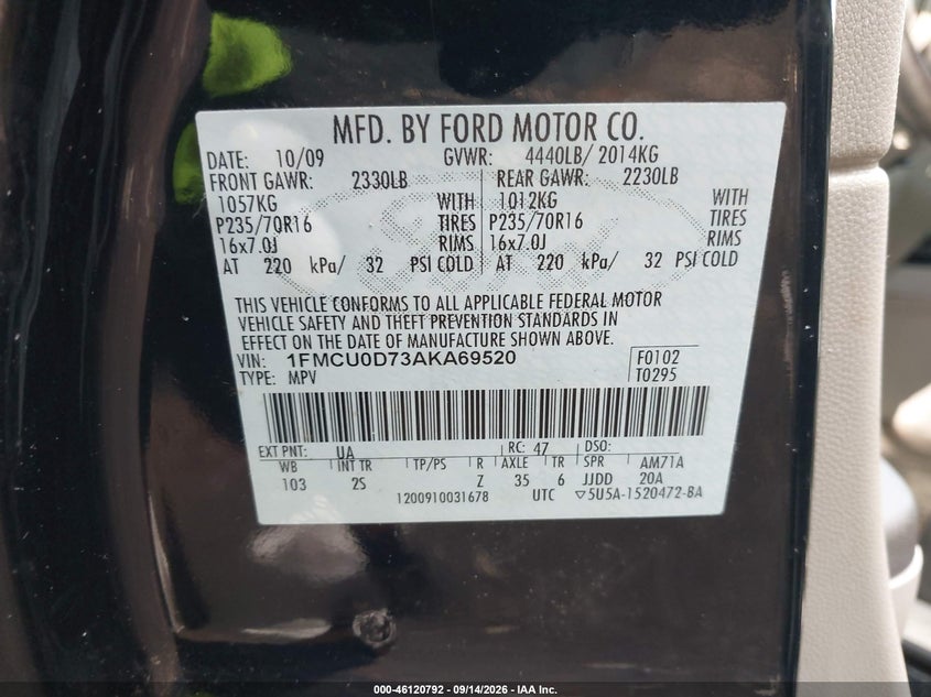 FORD ESCAPE 2010 VIN 1FMCU0D73AKA69520