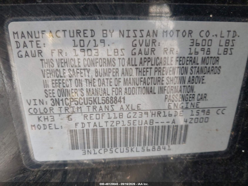 NISSAN KICKS 2019 VIN 3N1CP5CU5KL568841