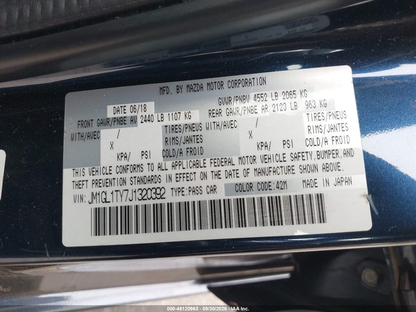 MAZDA MAZDA6 2018 VIN JM1GL1TY7J1320392