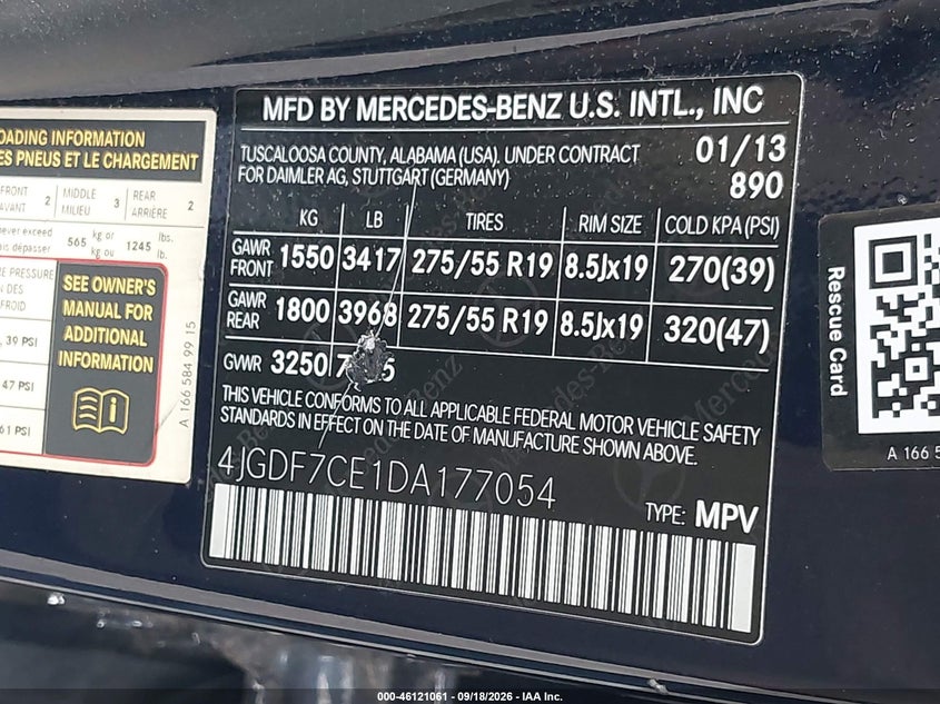MERCEDES-BENZ GL 450 2013 VIN 4JGDF7CE1DA177054