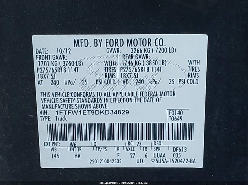 FORD F-150 2013 VIN 1FTFW1ET9DKD34829