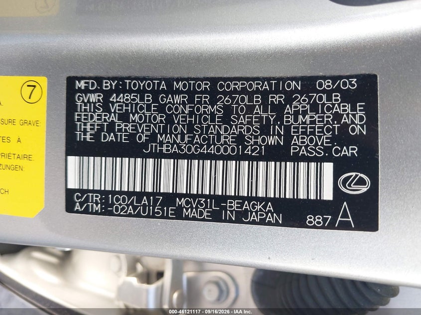 2004 Lexus Es 330 VIN: JTHBA30G440001421 Lot: 46121117
